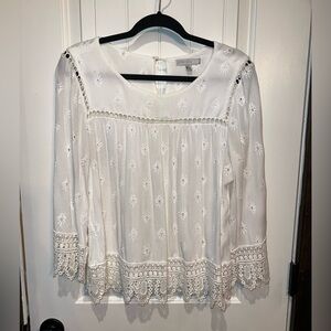 Pale Sky White Crochet -Trim Embroidered Peasant Top